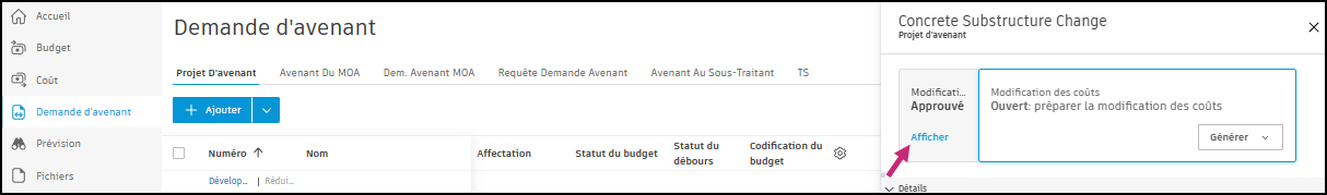 Fenêtre de modification des coûts affichant la demande de devis avec le statut Accepté