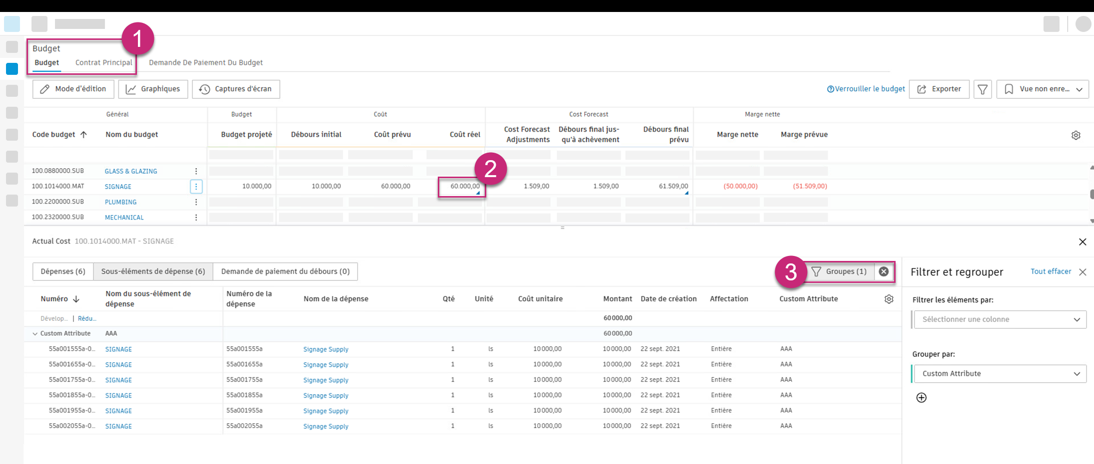 Menu déroulant Coût réel