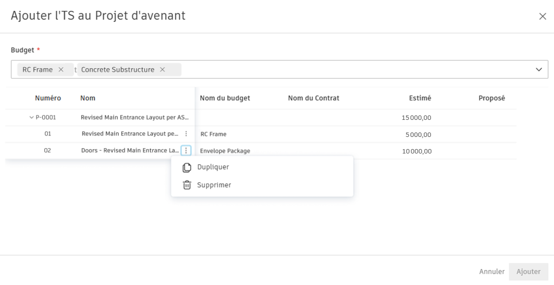 Ajouter un élément de coût à la fenêtre modale du projet d’avenant