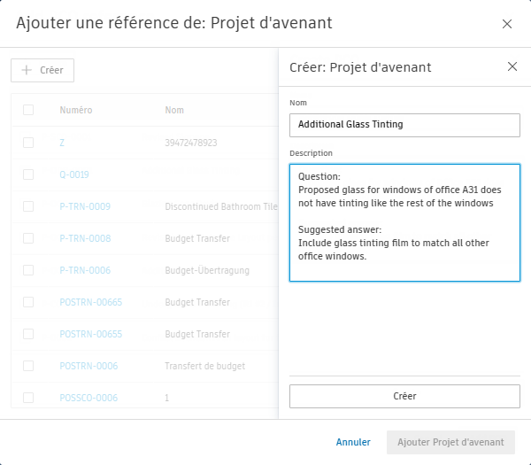 Ajouter une référence de projet d’avenant