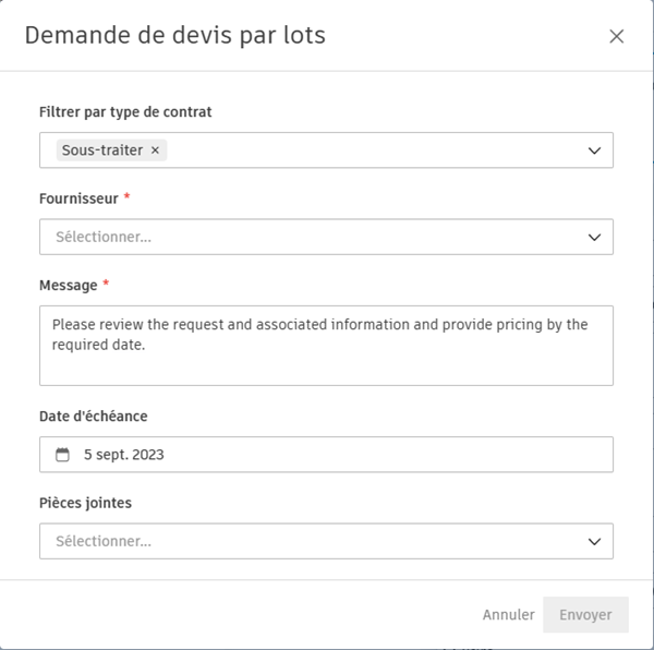 Fenêtre Demande de devis par lots