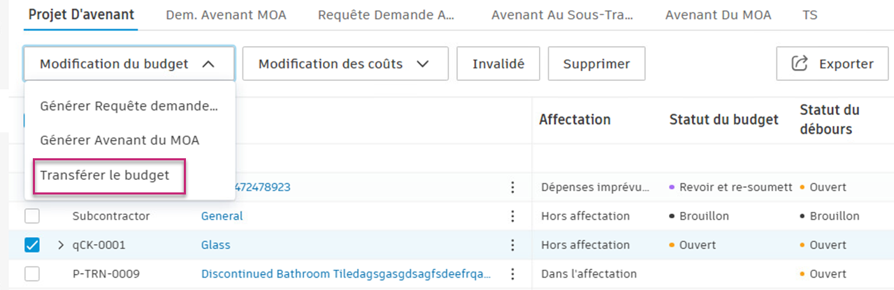 Exemple de transfert de budget par lot