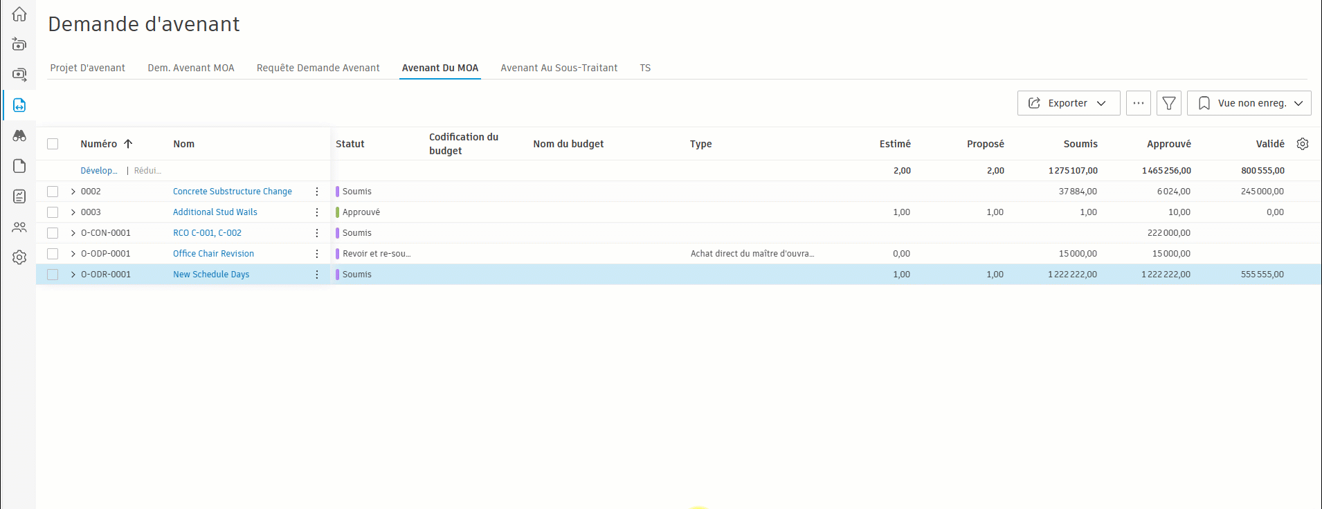 Exemple d’instructions de demande d’avenant
