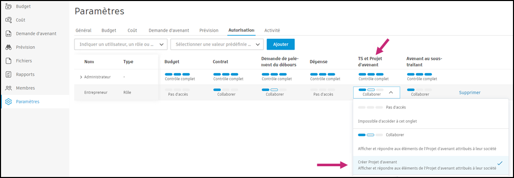 Paramètres d’autorisation affichant l’autorisation Collaborer sur la demande d’avenant en aval pour le rôle de fournisseur