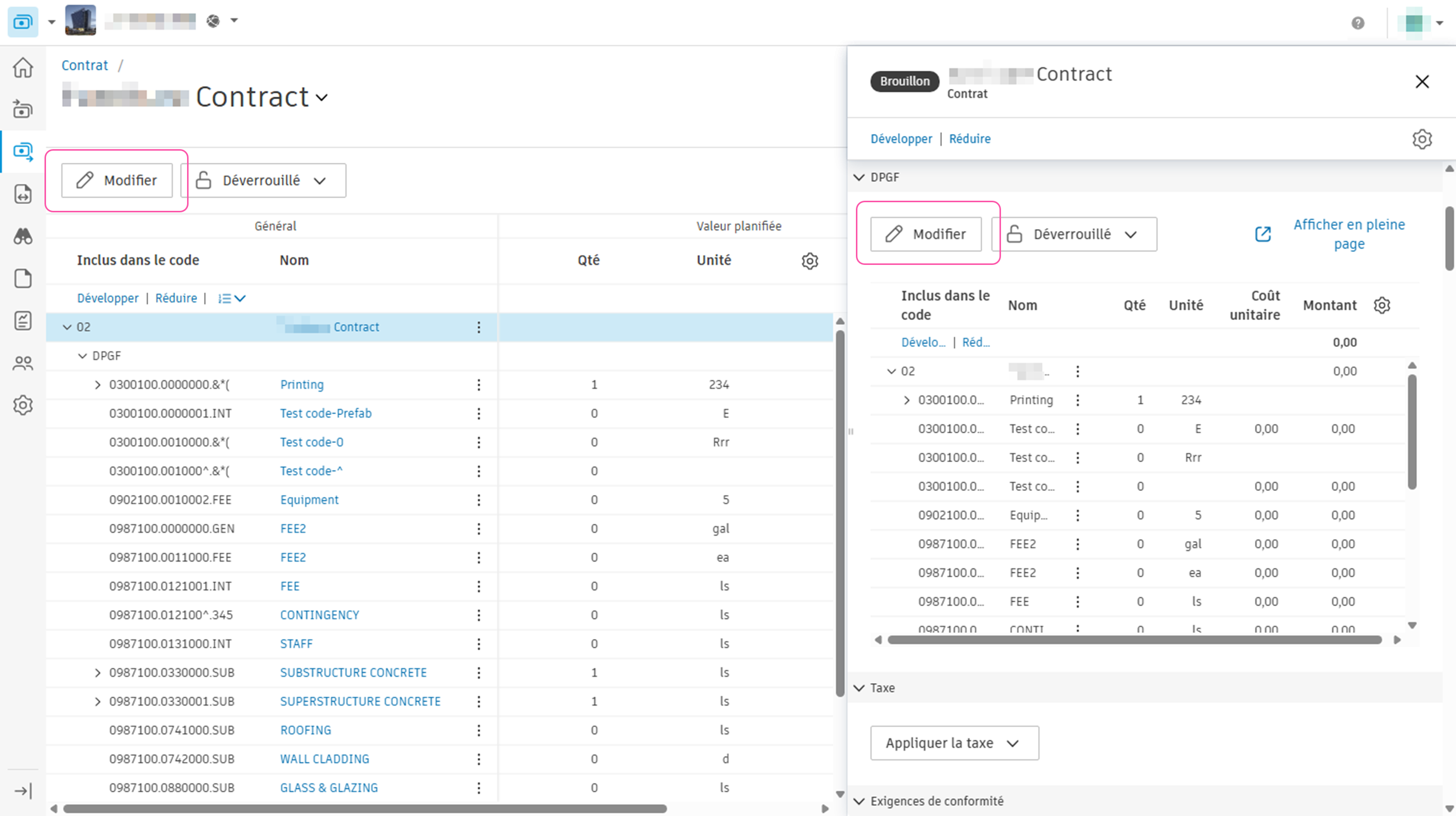 Bouton Modifier la DPGF du contrat