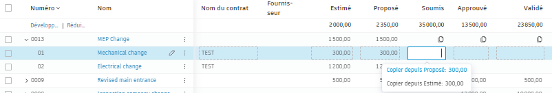 Copier les montants des éléments de coût