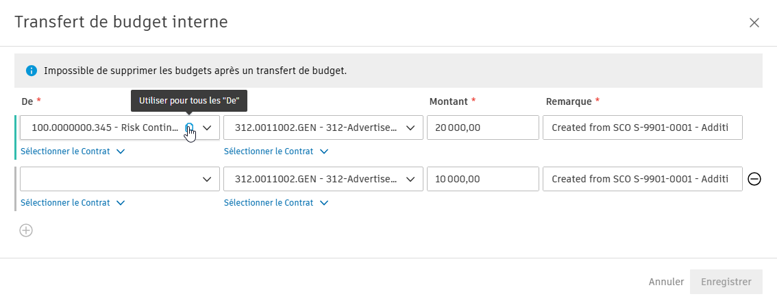 Exemple du bouton Copier vers toutes "De"