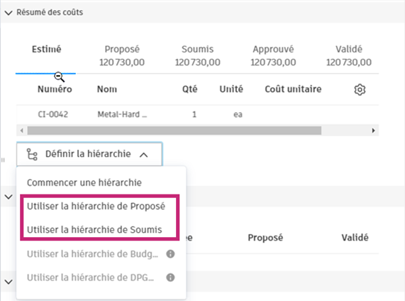 Options de hiérarchie des sous-éléments