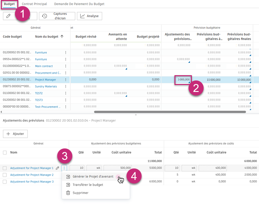 Créer un projet d’avenant à partir des ajustements de prévisions