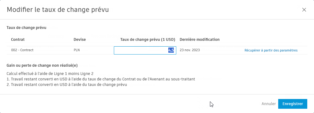 Modifier les taux de change prévus