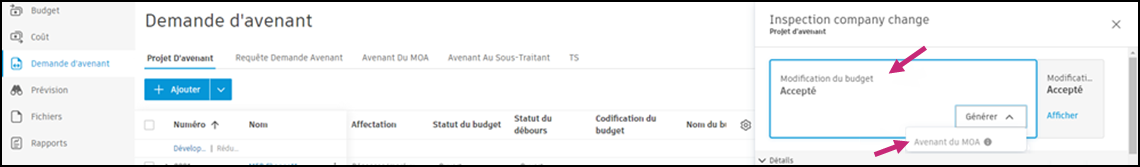 Bouton Générer un avenant du MOA et interface pour la création d’avenants du MOA