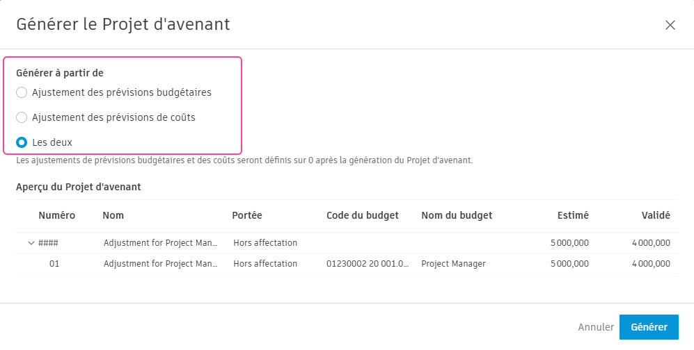 Générer un projet d’avenant à partir d’ajustements de prévisions