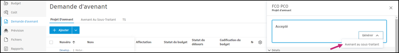 Bouton Générer un avenant au sous-traitant et interface pour la création d’avenant au sous-traitant