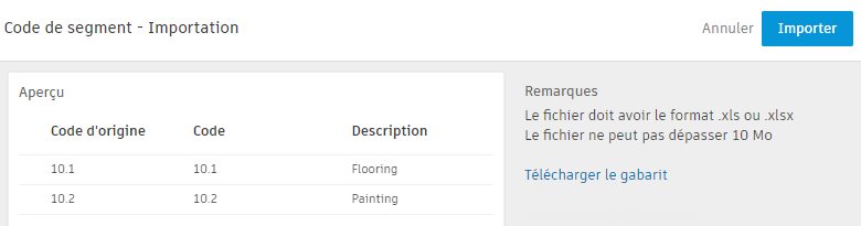 Bouton Importer dans la boîte de dialogue Importer un code de segment