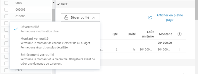 Exemple de verrouillage de la DPGF