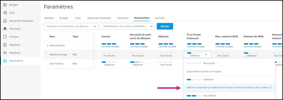 Paramètres d’autorisation affichant l’autorisation Collaborer sur la demande d’avenant en amont pour le rôle de maître d’ouvrage