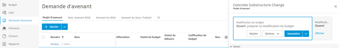 Interface de création de projet d’avenant à partir de l’onglet Demande d’avenant