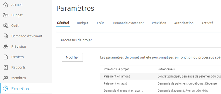 Menu déroulant des paramètres de processus du projet pour la configuration du workflow en aval