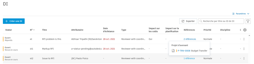 Références de liste de DI