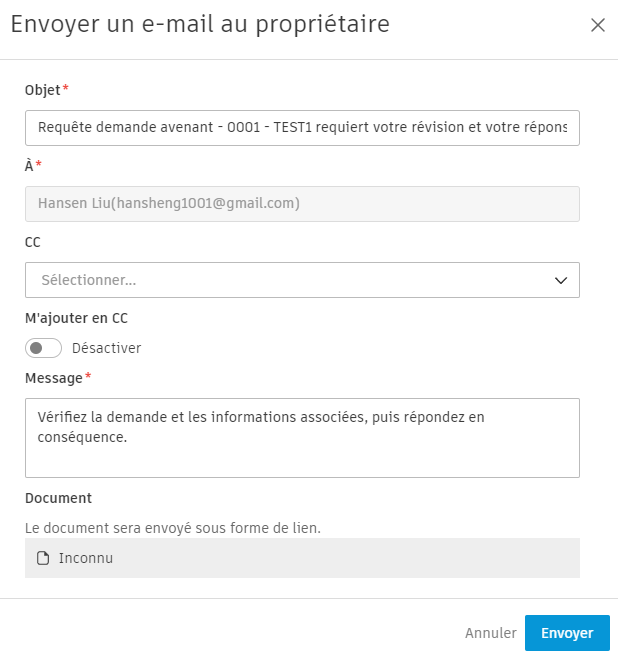 Exemple d’envoi d’un e-mail au maître d’ouvrage