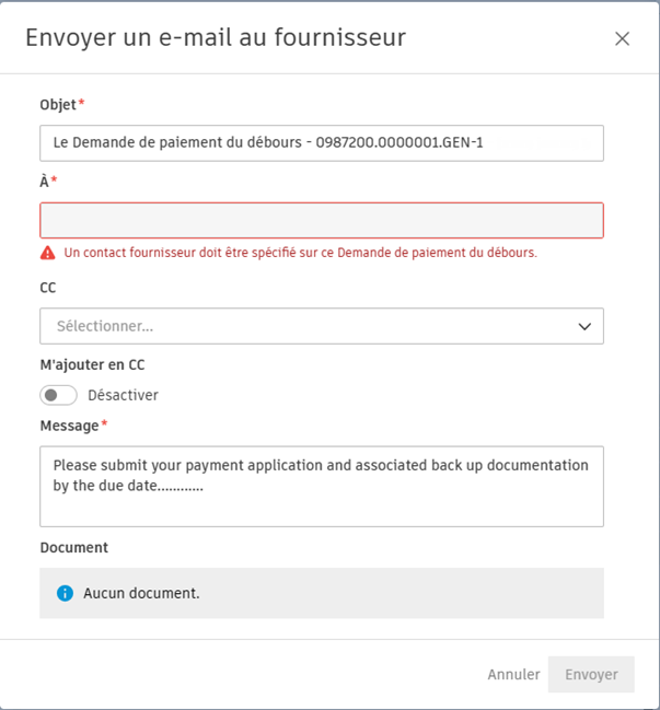 Envoyer un e-mail au fournisseur
