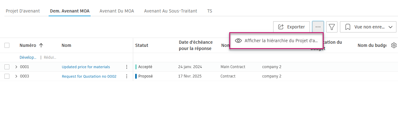 Afficher la hiérarchie des projets d’avenant