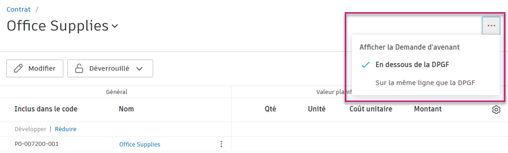 Colonne Afficher les demandes d’avenant comme