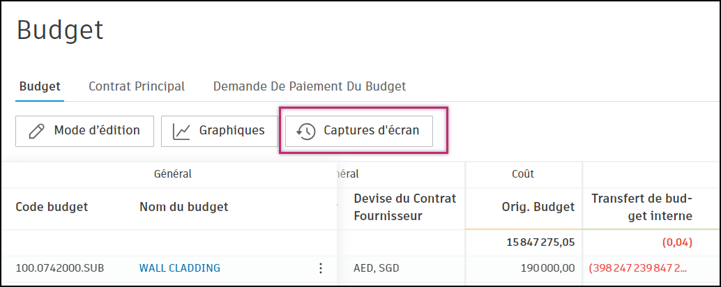 Bouton Instantanés dans l’interface de présentation du budget