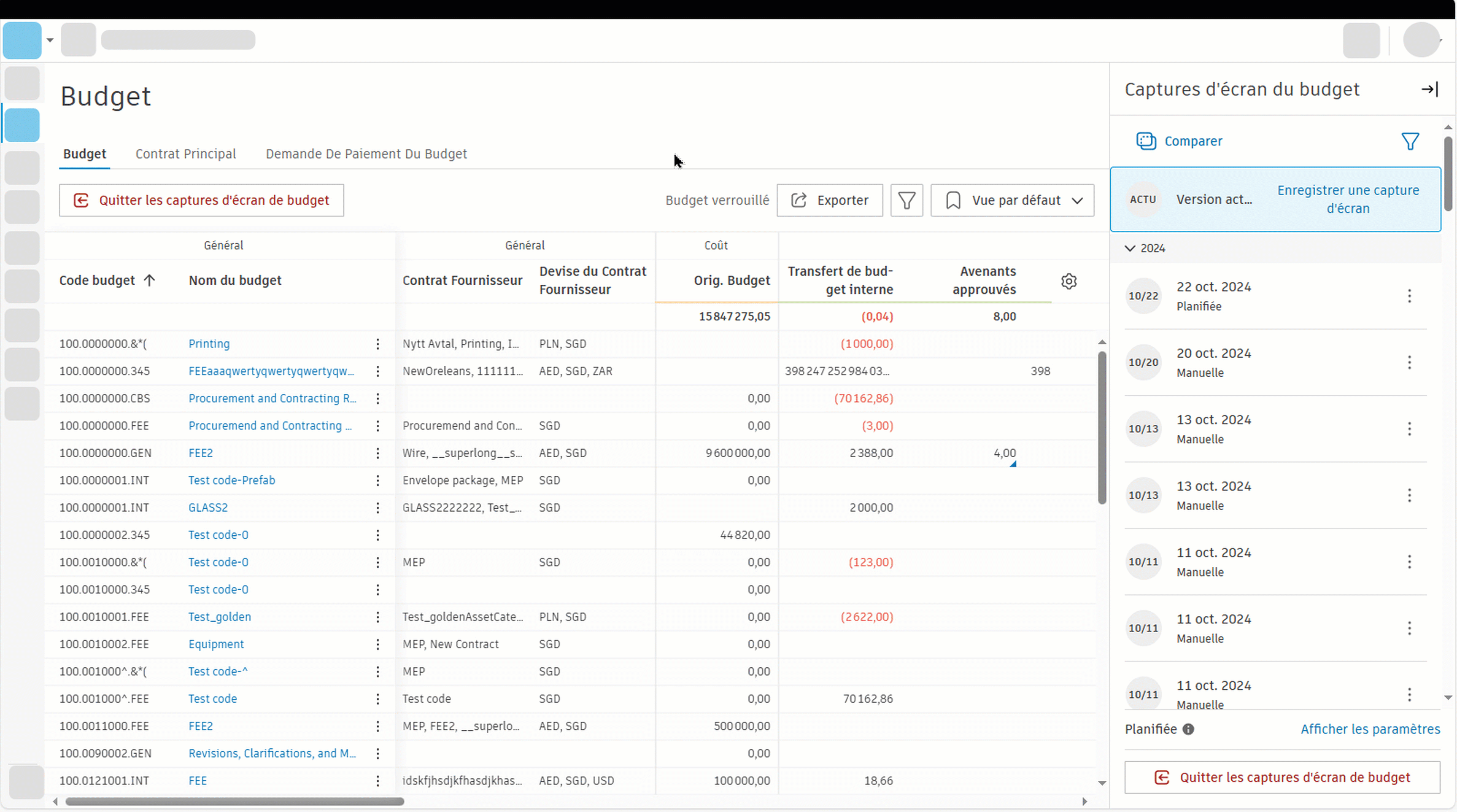 Animation montrant comment comparer des instantanés de budget en cliquant sur le bouton Comparer