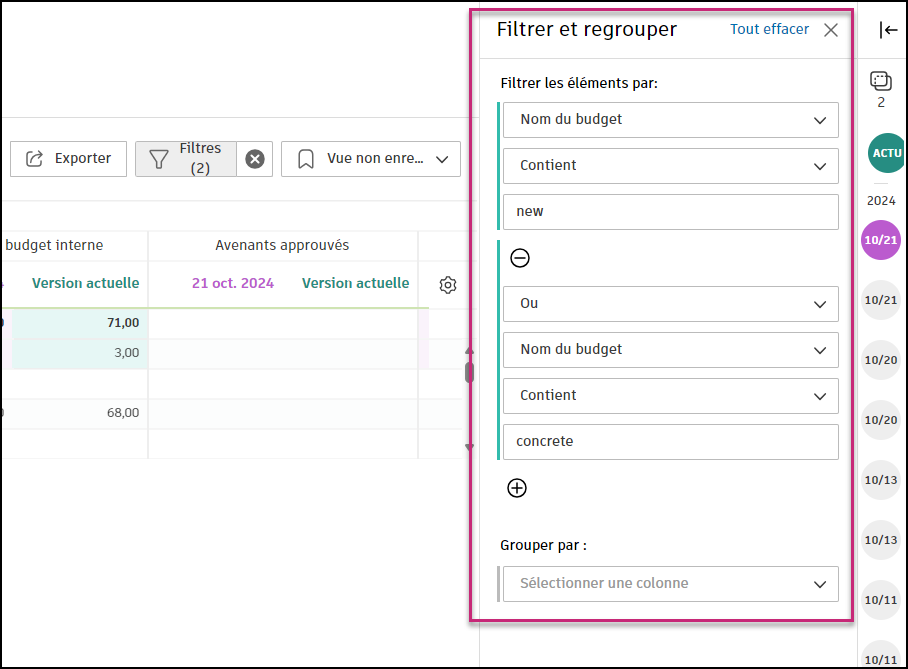 Interface des instantanés de budget avec application de filtres pour se concentrer sur des données spécifiques