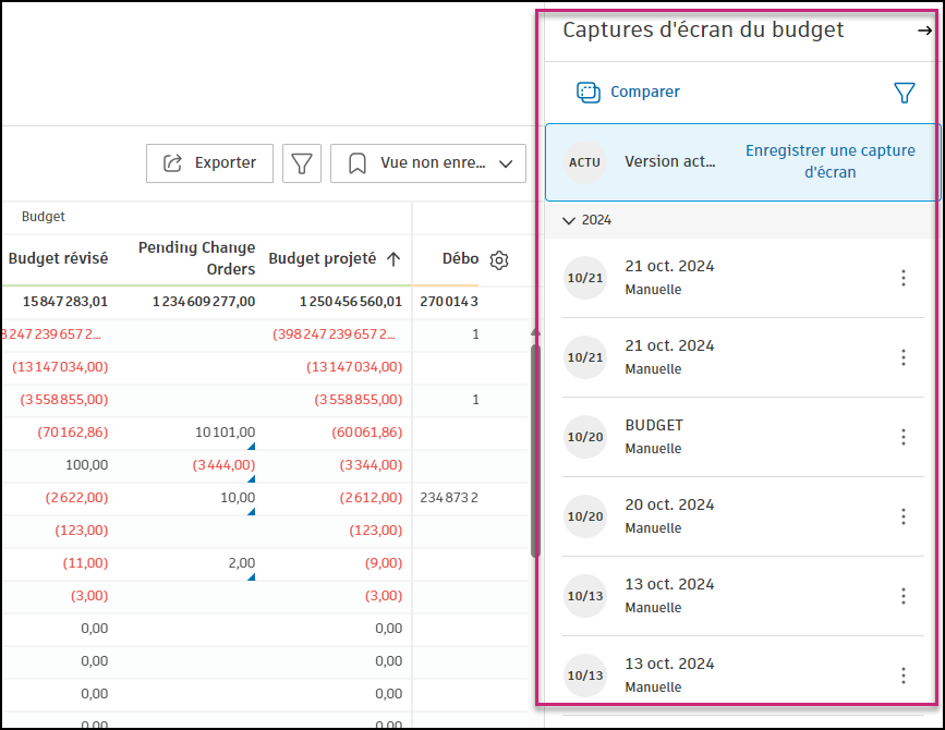 Panneau déroulant des instantanés de budget affichant la version actuelle et les instantanés enregistrés