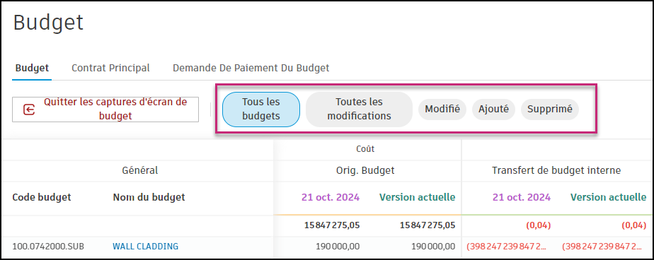 Étiquettes de filtre rapide affichant les options pour Tous les budgets, Toutes les modifications, ainsi que les statuts Modifié, Ajouté et Supprimé