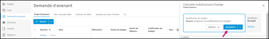 Boîte de dialogue Soumettre la modification du budget permettant de saisir les valeurs soumises