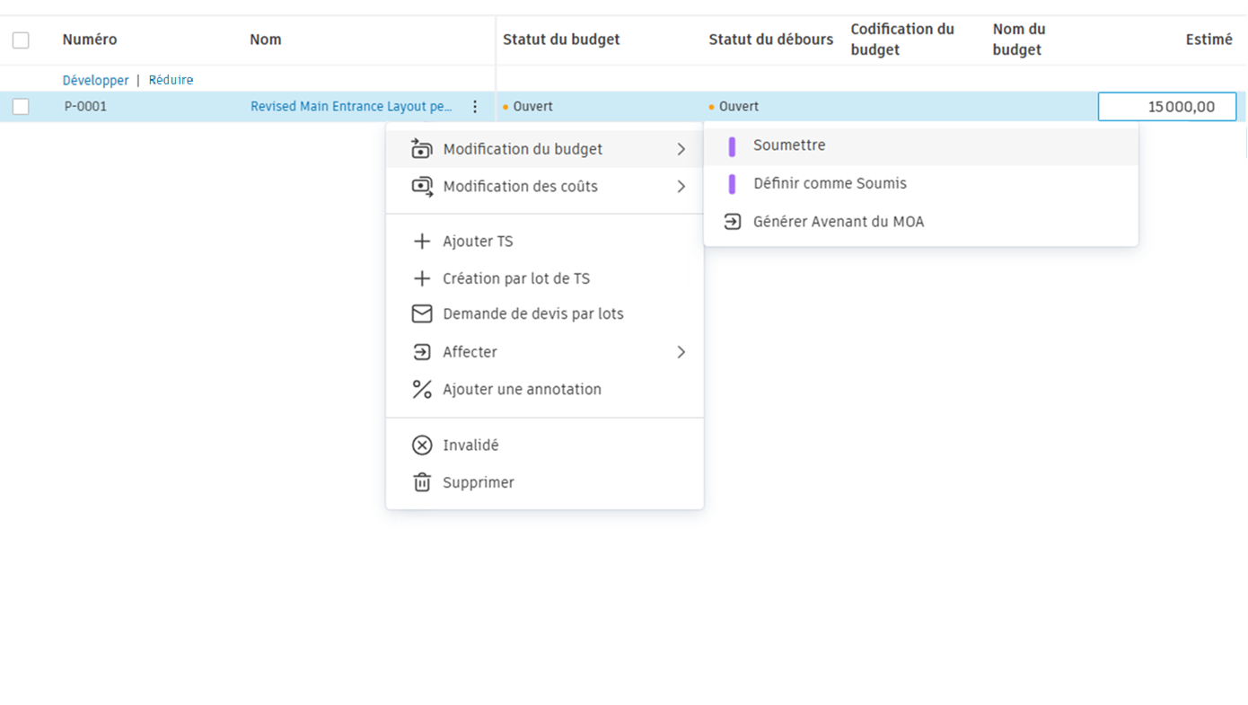 Soumettre le projet d’avenant sans éléments de coût