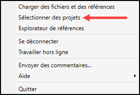 Boîte de dialogue de sélection de projets