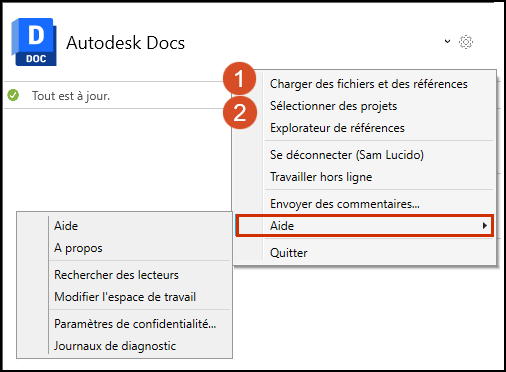 Options de menu dans Desktop Connector