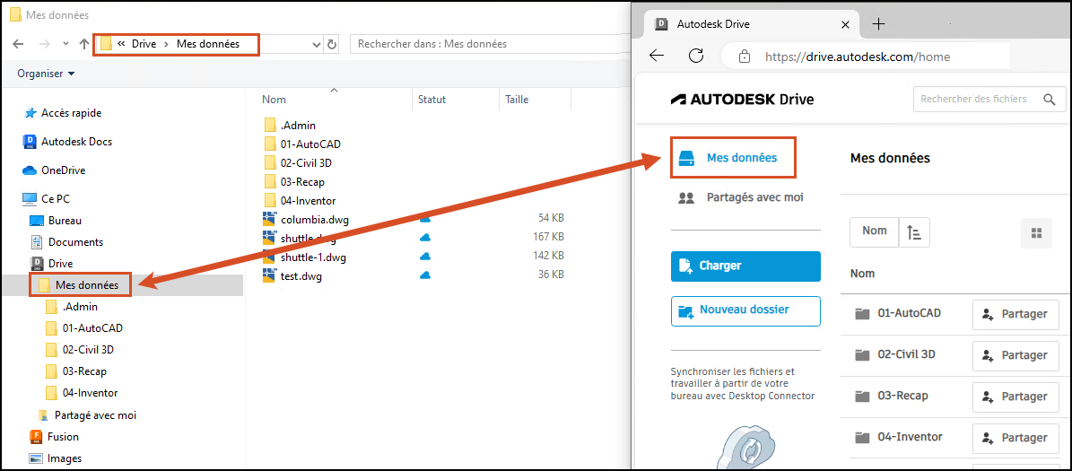 Connecteur Autodesk Drive affichant la représentation du lecteur local qui contient les données cloud