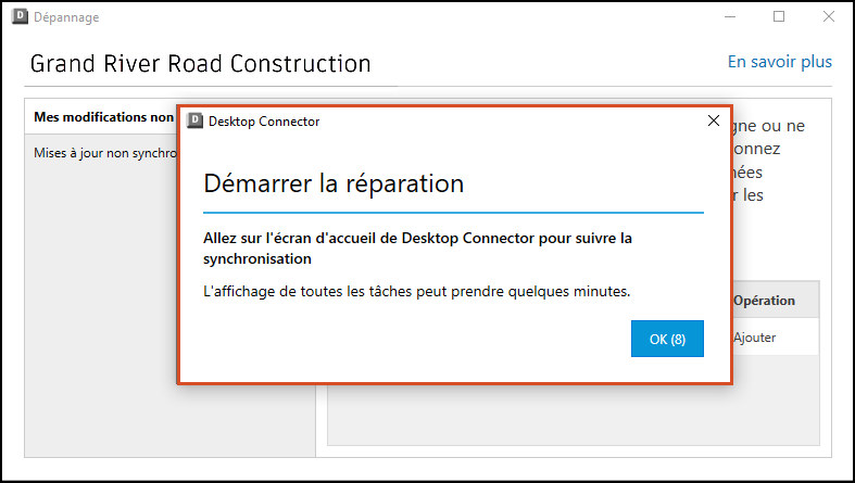 Notification de processus de réparation de l’outil de résolution de problèmes