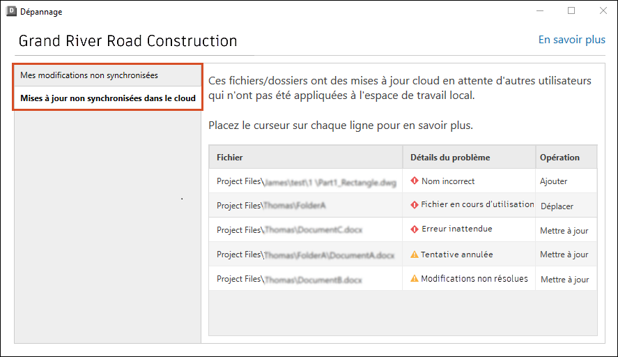 Outil de résolution de problèmes affichant des onglets avec des modifications non synchronisées