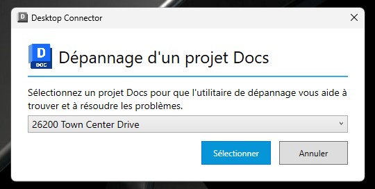 Écran de sélection de projet dans l’outil de résolution de problèmes