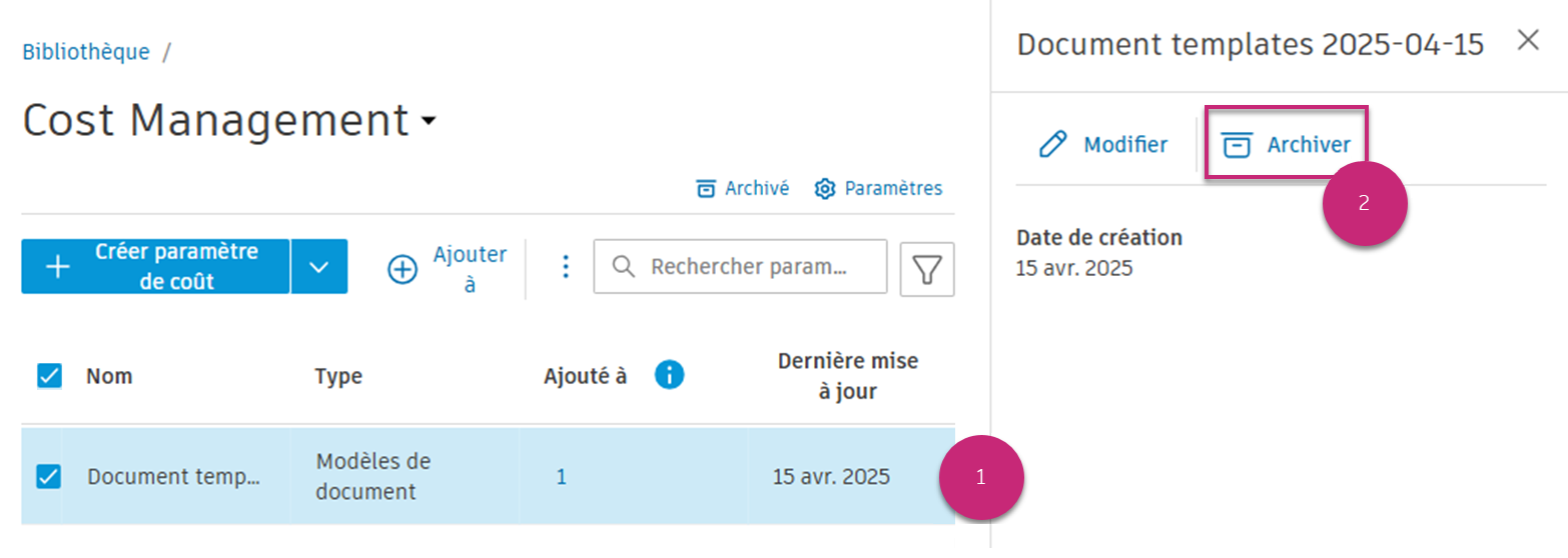 Archiver le paramètre de coût