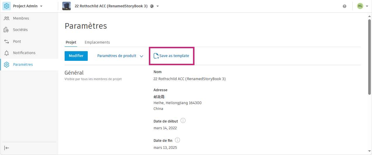 Enregistrer comme modèle dans Project Admin