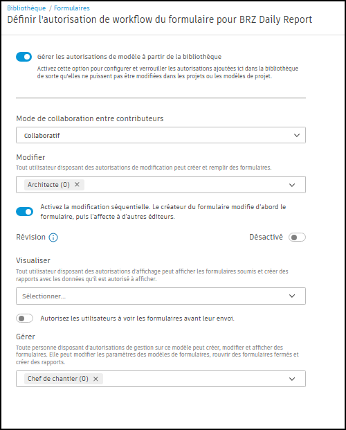 Capture d’écran des autorisations au niveau de la bibliothèque