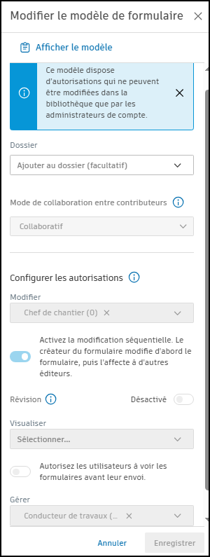 Capture d’écran des autorisations au niveau du modèle de projet