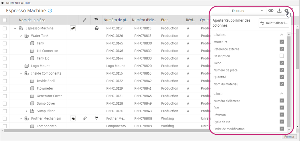 colonnes de la nomenclature