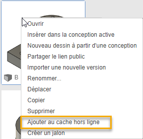panneau de données, clic droit pour ajouter au cache hors ligne
