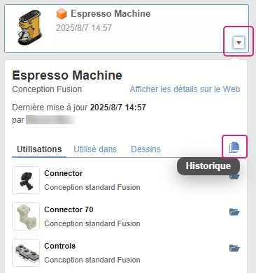 Bouton de l’historique dans le panneau de données