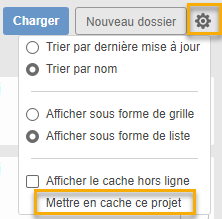 paramètres du panneau de données, mettre en cache ce projet
