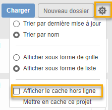 paramètres dans le panneau de données, afficher le cache hors ligne