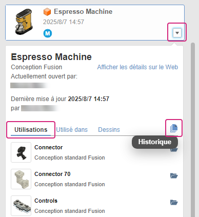 Onglet Utilisations dans le panneau de données
